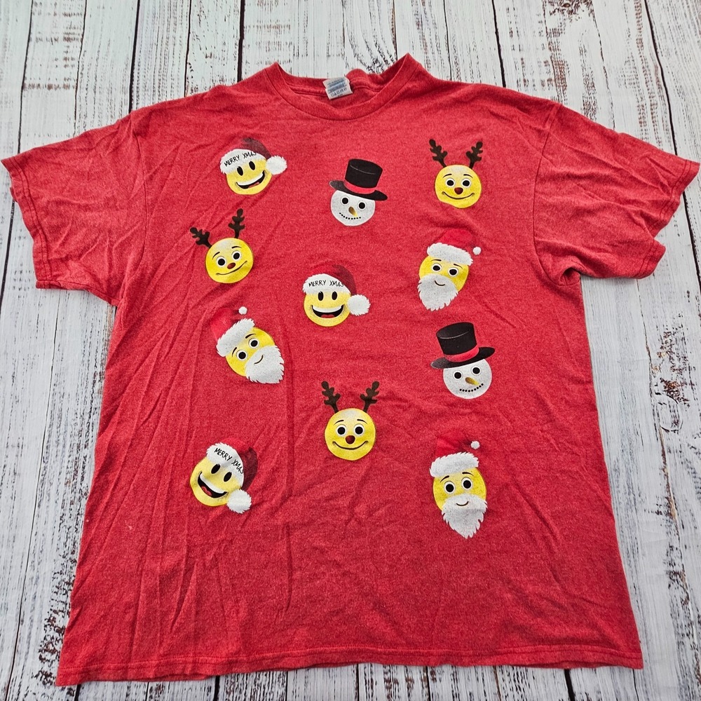 Christmas Emojis Delta Pro-Weight Red Short Sleeve Cotton Blend T-Shirt Men's XL